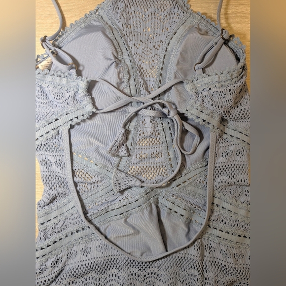 Becca Periwinkle Blue Crochet Open Knit High Neck Open Back One Piece Swimsuit - Picture 6 of 9
